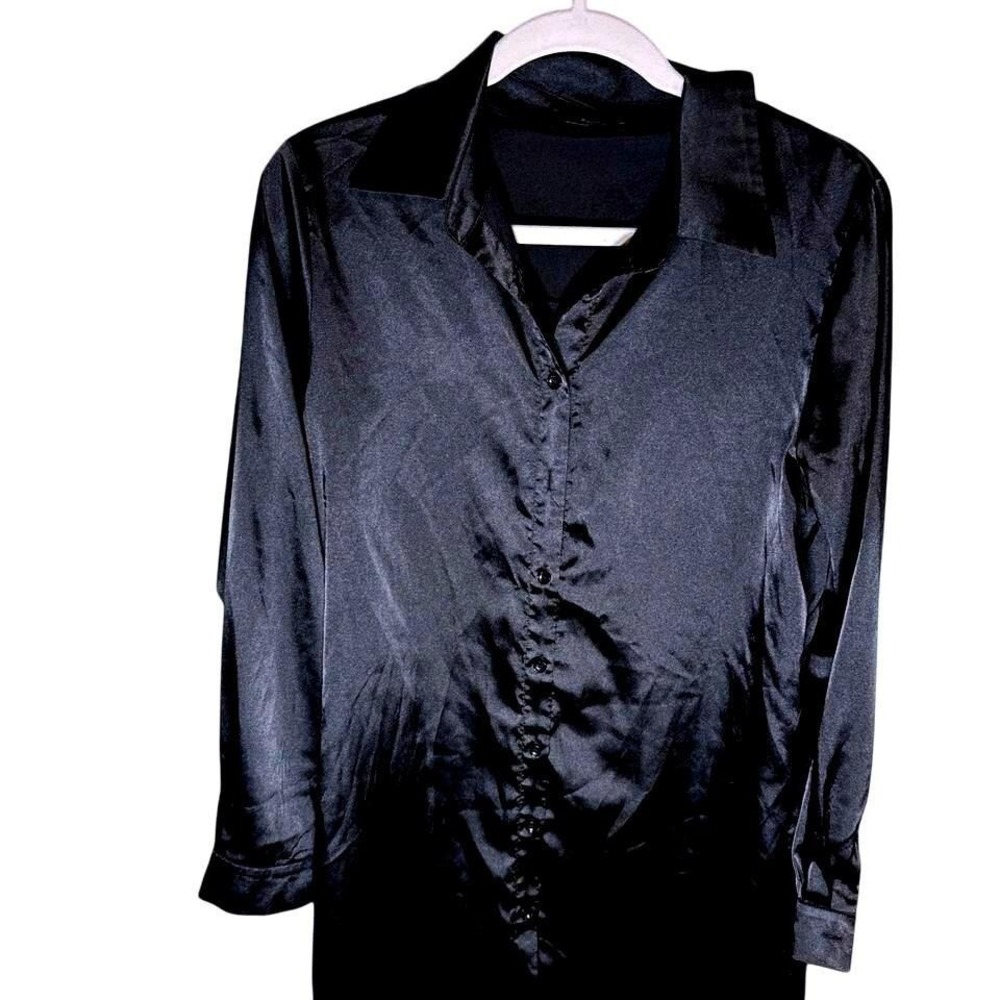 Zeagoo Womens Black Satin Button Down Shirt Long Sleeve Blouse Large